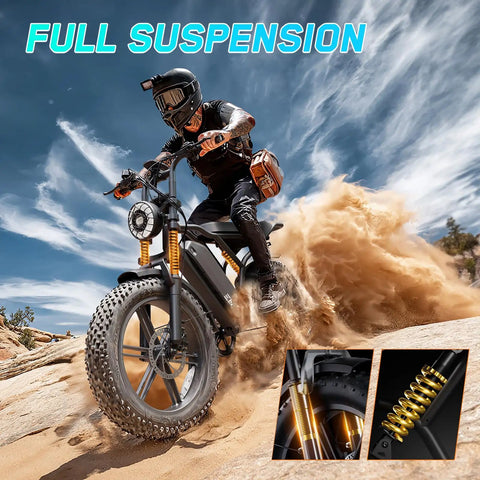 Rider on Beast Built Fat Tire Electric Bike For Adults With 1500W Peak Motor in desert terrain showcasing full suspension.