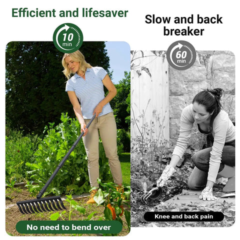 Comparison of a Heavy Duty Bow Rake With 60 Inch Adjustable Handle being used by a standing person, and traditional gardening on knees.