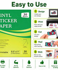 Premium Clear Printable Sticker Paper 30 Sheets 8.5x11 Slick Waterproof Adhesive Vinyl For Inkjet Printers packaging and usage instructions.
