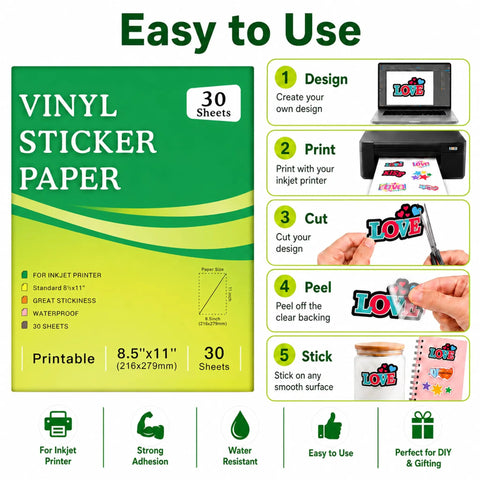 Premium Clear Printable Sticker Paper 30 Sheets 8.5x11 Slick Waterproof Adhesive Vinyl For Inkjet Printers packaging and usage instructions.