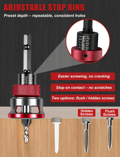 Adjustable depth stop collar for Heavy Duty Countersink Drill Bit Set With Adjustable Depth Stop Collar For Swift Wood And Metal Jobs.
