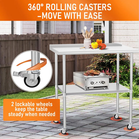 Stainless Steel Prep Table 24 By 30 Inch With Adjustable Undershelf, Backsplash And Wheels For Kitchen, Garage, Outdoor BBQ