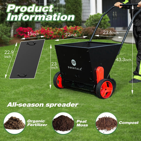 Upgrade Push Lawn Spreader for Compost and Peat Moss, No-Fuss Organic Fertilizer Spreader With Rotating Blades image and dimensions