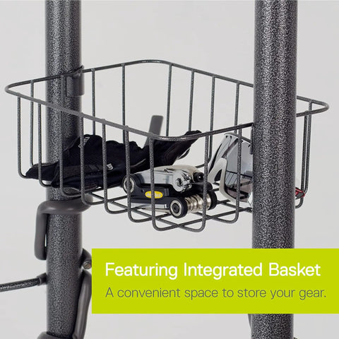 Close-up of Four Bike Freestanding Gravity Rack with Basket showing integrated gear basket with tools and gloves inside.