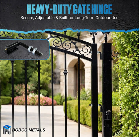 Heavy Duty 5/8 Inch Weld On Gate Hinges For Driveway And Fence Gates, Steel With Rust Resistant Black Powder Coat Finish, Built Tough For Outdoor Use, 4 Pack, Each Pair Supports Up To 300 Lb on black metal driveway gate