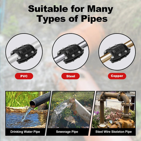 Front view of XDENGP 3/4-inch pipe repair clamp shown on PVC, steel, and copper pipes.