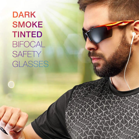 Man wearing Rebel Bifocal Safety Glasses 2.5 Diopter Clear Lenses ANSI Z87 Plus Impact UV Protection, in outdoor setting