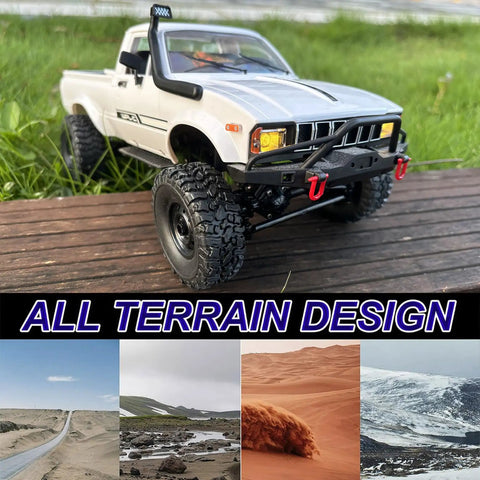 Rugged One Sixteenth Scale RC Rock Crawler Truck 4x4 with realistic interior on wooden surface, all terrain design