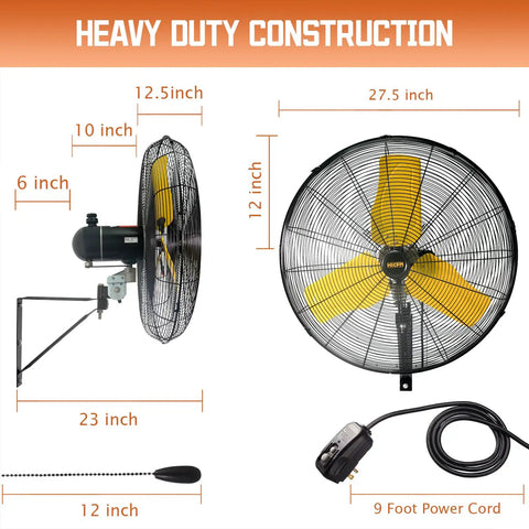 Diagram showing dimensions of Beefed-Up Industrial 24-Inch Oscillating Wall Fan With 8900 CFM High Velocity, GFCI plug.