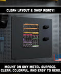 Symbols Magnetic Chart for Welders Quick Reference Weld Symbols, AWS ISO Guides, mounted on a garage wall.