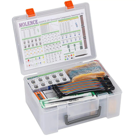 DIY Electronics Components Kit, 2830-Piece Set in a clear plastic box with resistors, capacitors, and jumper wires visible.