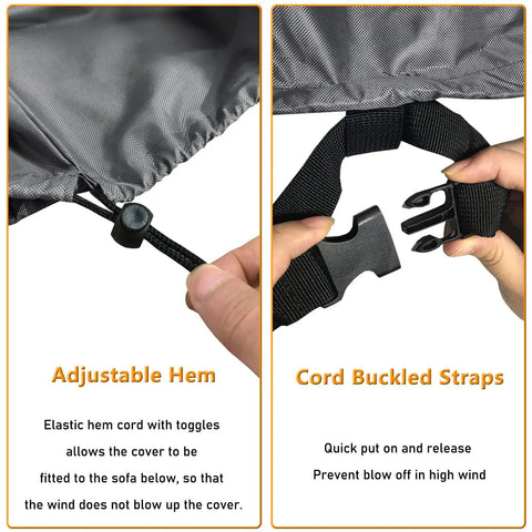 Outdoor Waterproof Patio Furniture Covers 4 Piece Set elastic hem and buckle straps detail for secure fit