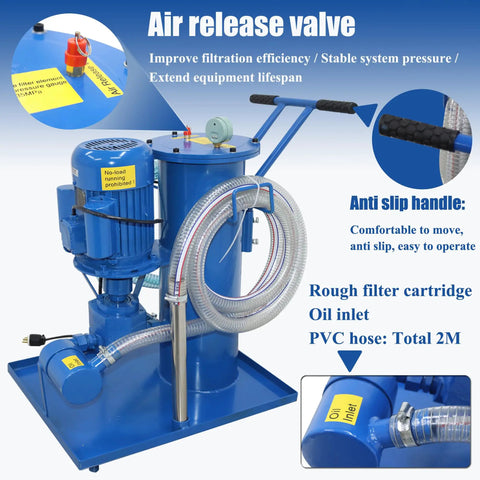 Portable Hydraulic Oil Filter Cart With 3 Micron Precision Filtration And Single Cylinder Purification System Killing Grit Fast With A Slick Pressure Gauge 2M Flexible PVC Hose And 220V Setup featuring air release valve and anti-slip handle.