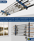 Ceiling Mount Fishing Rod Holder For Eight Rods And Reels Game Changer For Garage Organization And Wall Storage Horizontal Rack