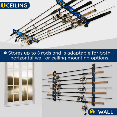 Ceiling Mount Fishing Rod Holder For Eight Rods And Reels Game Changer For Garage Organization And Wall Storage Horizontal Rack