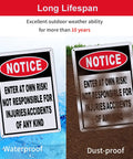 2 Pack Straight Up Enter At Your Own Risk Warning Sign 10 By 7 Inch Legit Tough Aluminum Outdoor Plate shown waterproof and dust-proof.
