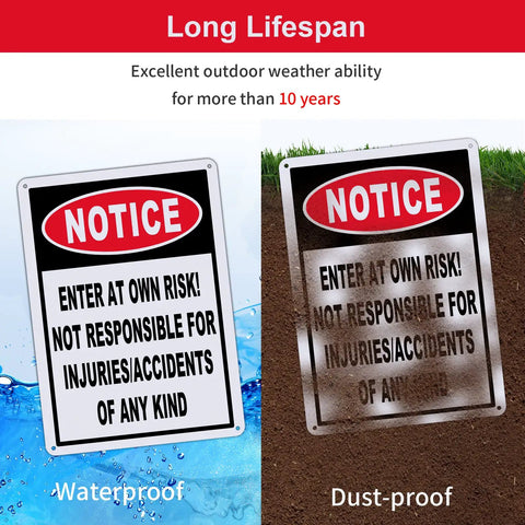 2 Pack Straight Up Enter At Your Own Risk Warning Sign 10 By 7 Inch Legit Tough Aluminum Outdoor Plate shown waterproof and dust-proof.