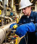Technician using Alligator Clip K Type Thermocouple Probe With 69 Inch Lead For HVAC And Refrigeration Testing, installed on pipes.