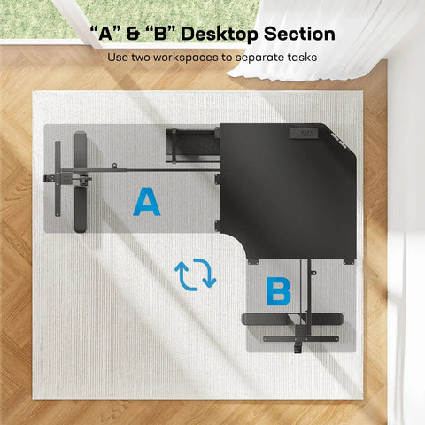 Top view of a 63-Inch L-Shaped Standing Desk With Built-In Power Outlets And Large Power Strip Holder with labeled A and B sections.