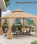 Patio gazebo with beige mosquito netting screen walls for 10x10 gazebos, no fuss setup, installed on a modern backyard patio.