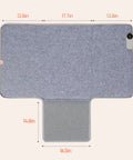 Under Desk Heater Foot Warmer And Leg Warmer Portable Space Heater showing dimensions and thermostat control in grey.