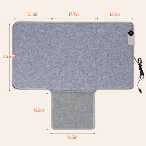 Under Desk Heater Foot Warmer And Leg Warmer Portable Space Heater showing dimensions and thermostat control in grey.