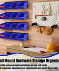 Wall Mounted Plastic Storage Bins Set With 16 Bins And 4 Rails For Screws Nuts Bolts Nails And Small Hardware In A Garage Tool Organizer Durable Stackable And Rust Proof Blue