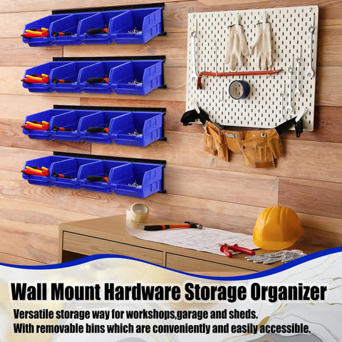 Wall Mounted Plastic Storage Bins Set With 16 Bins And 4 Rails For Screws Nuts Bolts Nails And Small Hardware In A Garage Tool Organizer Durable Stackable And Rust Proof Blue