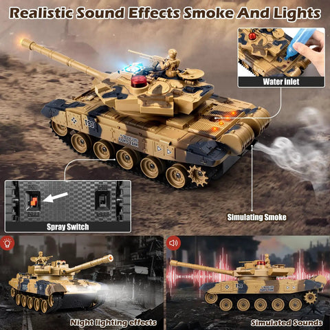 2.4G Remote Control Battle Tank With Sound Effects Lights And Smoke, One Twenty Fourth Scale Russian T 90 Army Model Toy For Kids