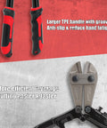 Close-up of Beefy 3 Piece Bolt Cutter Set ergonomic red and black handles and blade detail emphasizing easy leverage.