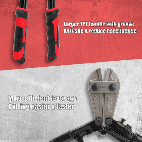 Close-up of Beefy 3 Piece Bolt Cutter Set ergonomic red and black handles and blade detail emphasizing easy leverage.