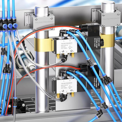 6mm OD Push To Connect Pneumatic Fittings Kit Set Of 40 Pieces with splitters, elbows, tees, straights, installed in pneumatic system