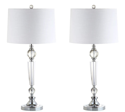 Clear Crystal Table Lamp Set Of 2, 29 And A Half Inch Tall Modern Glam Candlestick Lamps With Chrome Bases And White Linen Drum Shades