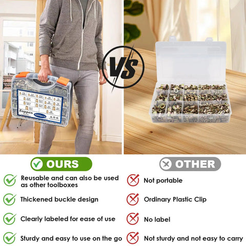 Comparison of Rivet Nuts Set 1000Pcs SAE And Metric Nutserts case with other plastic clips, showing portability and design.