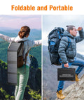 Two hikers with 40W Foldable Solar Panel Charger for Power Stations and Camping Gear, one carrying it on backpack, one in hand