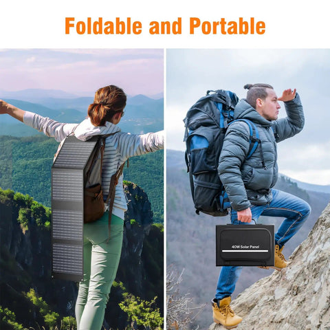 Two hikers with 40W Foldable Solar Panel Charger for Power Stations and Camping Gear, one carrying it on backpack, one in hand