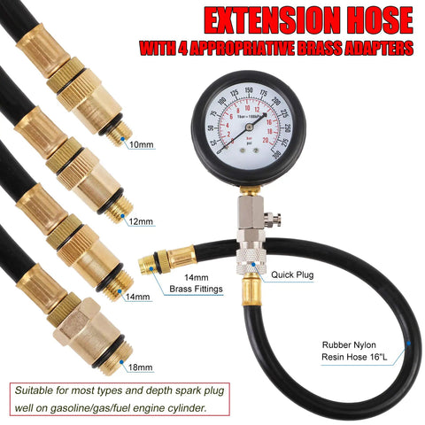 Compression Tester Kit For Engine Cylinders With Pressure Gauge Adapters, 8 Piece Set with brass fittings and nylon hose.