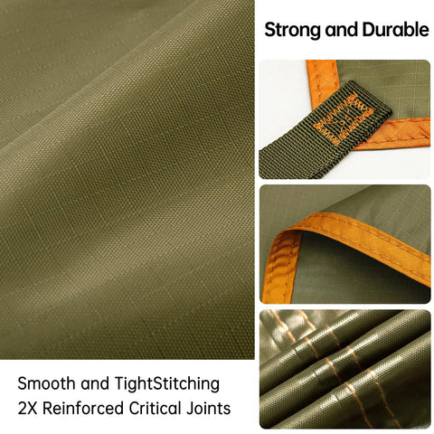 Close-up of Waterproof 10x10.5 Ft Tarp Shelter for Camping and Backpacking Ripstop 210T fabric with reinforced seams