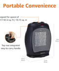 Portable Ceramic Space Heater with 45 Degree Oscillation for Even Heat, Three Settings, features and dimensions shown