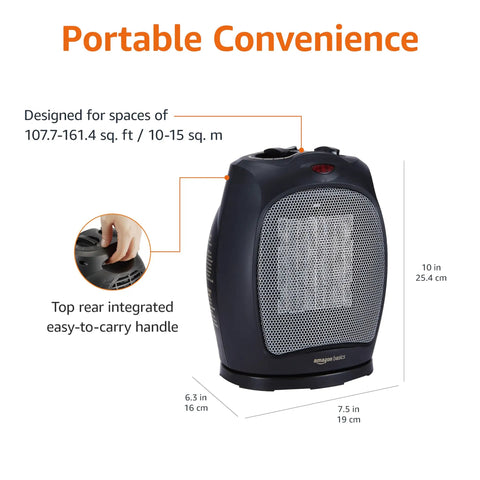 Portable Ceramic Space Heater with 45 Degree Oscillation for Even Heat, Three Settings, features and dimensions shown