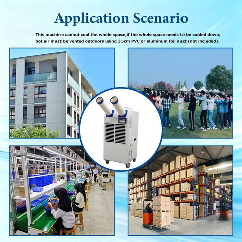 Built Tough Industrial Air Conditioner 18700 BTU Portable AC With 14L Tank in application at warehouse and outdoor settings.