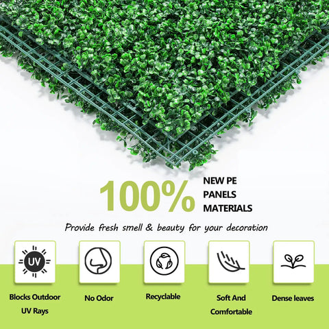 Thick 2 Inch Boxwood Hedge Panels 12 Pack 10x10 Inch Artificial Grass Wall Backdrop showing panel corner and UV resistant features.