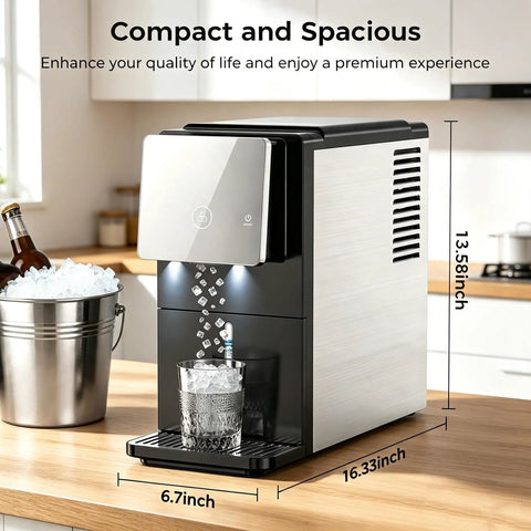 Smooth Operator Countertop Nugget Ice Maker With Snap Pour Auto Dispenser 33 Lbs on kitchen counter with ice bucket and glass.