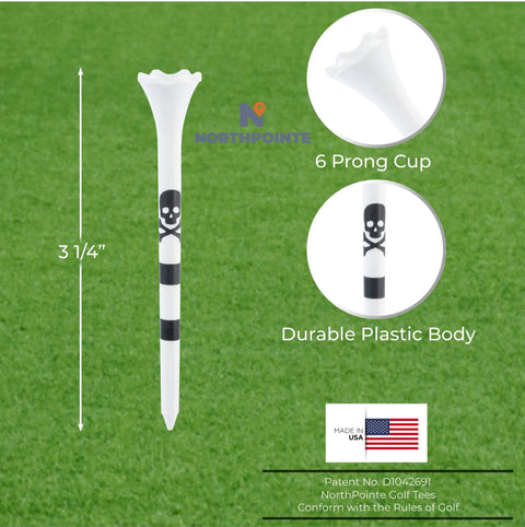 Skull And Crossbones Golf Tees, 3 1/4 Inch Plastic Tees With Black Stripes, Durable 6 Prong Cup, Bagged Bulk Pack, USA Made