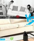 Comparison of lifting a sofa manually vs. using Heavy Furniture Lifter Tool with four raise blocks and sliders, showing ease and safety.