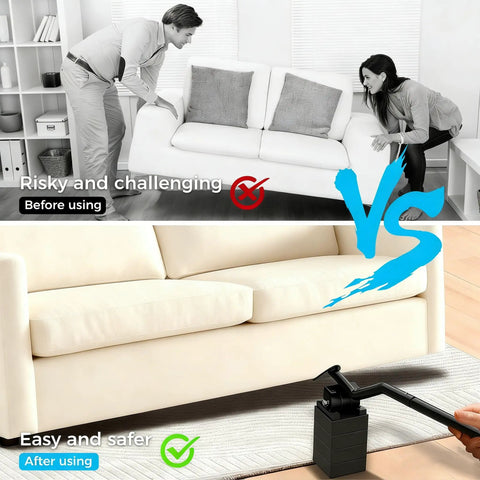 Comparison of lifting a sofa manually vs. using Heavy Furniture Lifter Tool with four raise blocks and sliders, showing ease and safety.