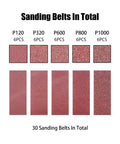 30 sanding belts of various grits including P120, P320, P600, P800, and P1000 for Heavy Duty Slick Mini Belt Sander.