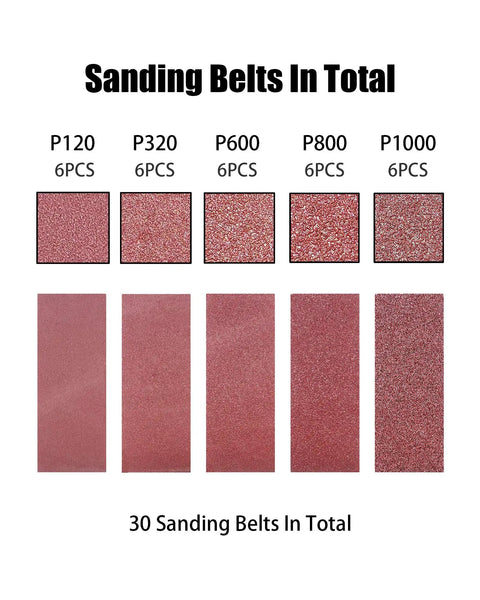 30 sanding belts of various grits including P120, P320, P600, P800, and P1000 for Heavy Duty Slick Mini Belt Sander.