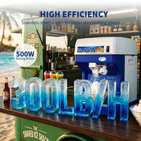 Pro Grade Ice Shaver Crusher With 300 Lbs Per Hour Capacity 500W Tabletop Snow Cone Machine in use at a beachside stall