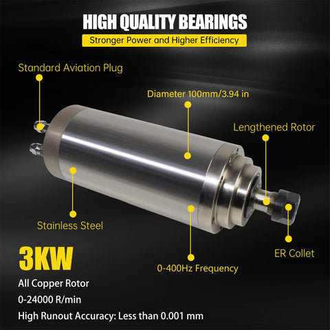 Beefy 3KW Water Cooled CNC Spindle Motor 220V 24000 RPM ER20 4 Bearings 100mm Housing 3 Phase Inverter Ready 400Hz